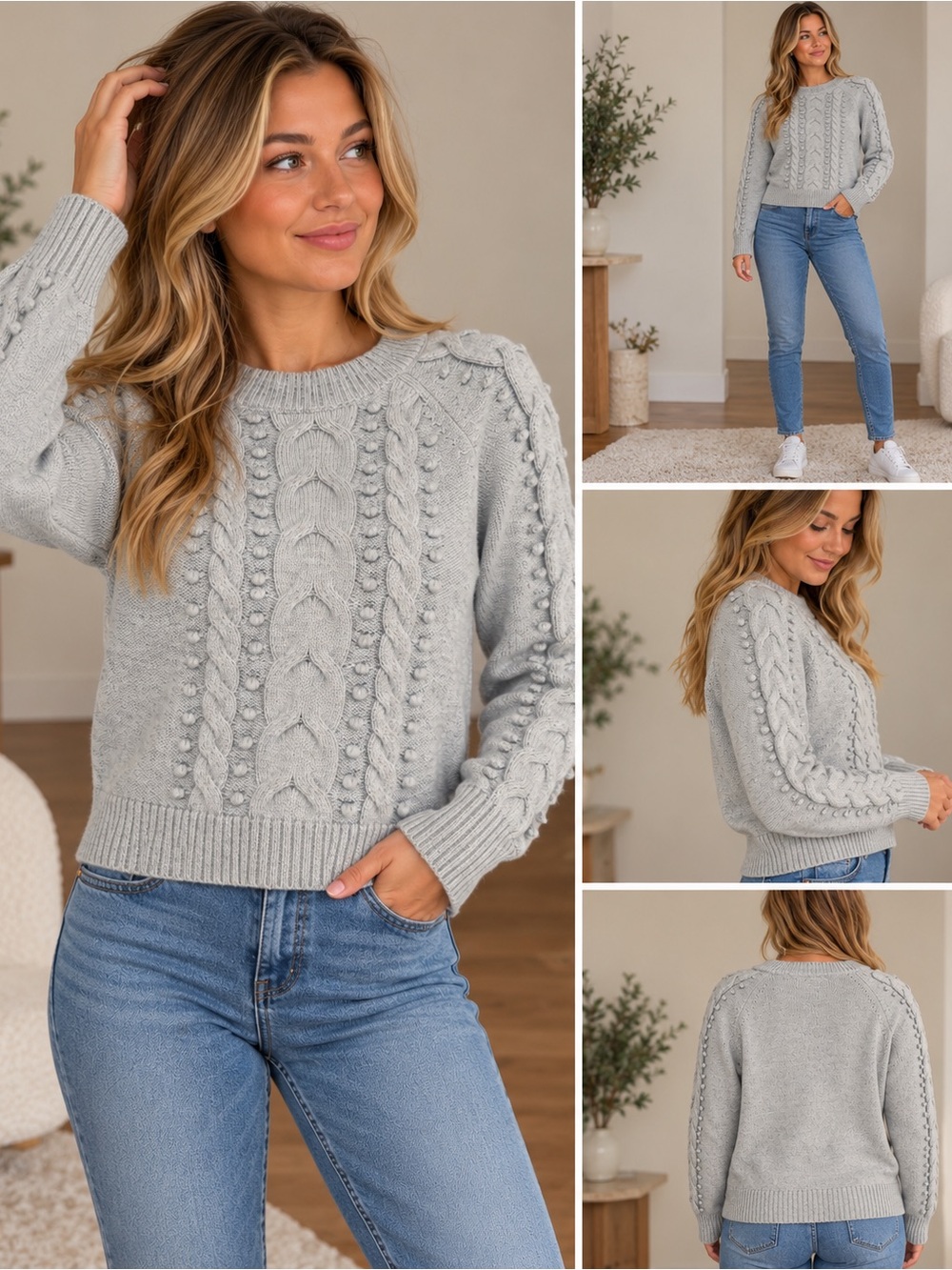 LOFT Women’s XS Light Blue Cable Knit Sweater Chunky Braided Knit Embellished